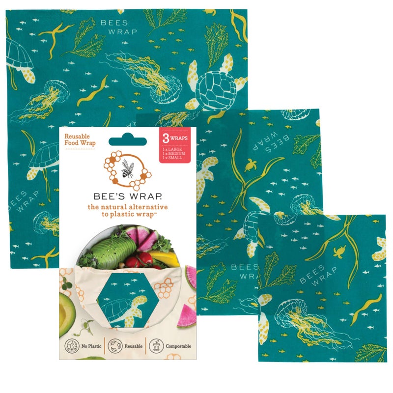 Bee's Wrap Beeswax Wraps for Food - Made in USA Reusable & Organic Food Wraps, Sandwich Wrap & Bowl Covers - Eco-Friendly Alternative to Aluminum Foil & Plastic Wrap, Ocean 3 Pack (S, M, L) - Image 1